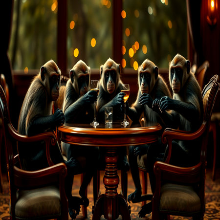 Monkeys sitting at a table in a restaurant with a glass of wineの写真素材