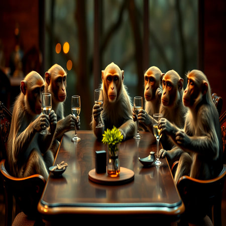Monkey sitting at the table with glasses of champagne in the restaurantの写真素材