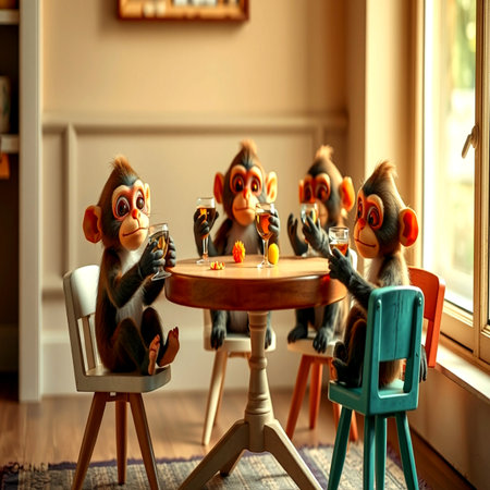 Monkey figurines sitting at a table in the interior of the houseの写真素材