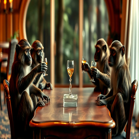 Monkey sitting at a table in a restaurant with a glass of wineの写真素材