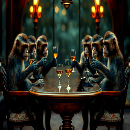 Group of monkeys drinking wine in a cafe. 3d rendering.の写真素材