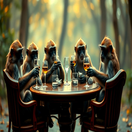 Monkeys sitting at the table in the forest.の写真素材