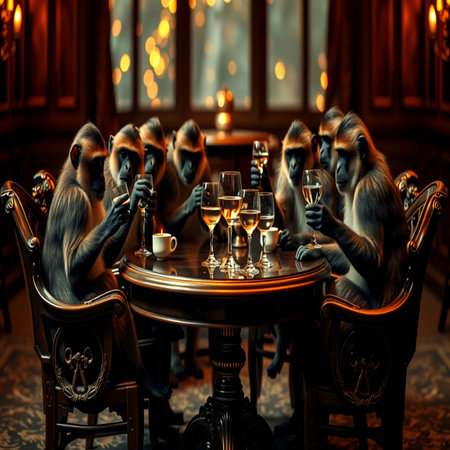 Monkeys drinking wine in a restaurant. Selective focus. Toned.の写真素材