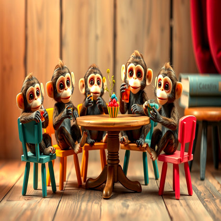 Monkeys sitting on chairs around a table in a room, 3d illustrationの写真素材