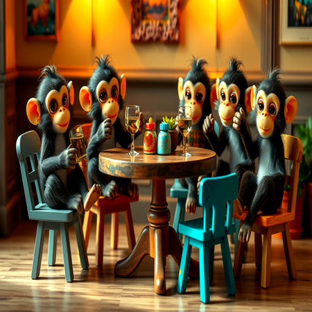 Monkey sitting at a table in a restaurant. 3D renderingの写真素材