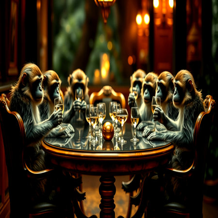 Monkeys in a restaurant with glasses of white wine. 3d renderingの写真素材