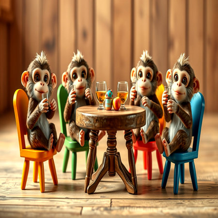Monkeys sitting at the table and drinking. 3d illustrationの写真素材