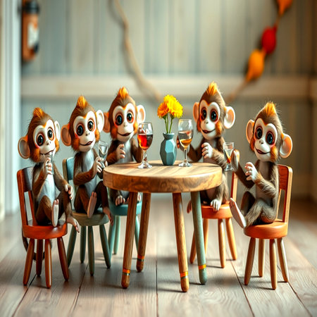 Monkey sitting at the table and drinking wine. 3d illustrationの写真素材