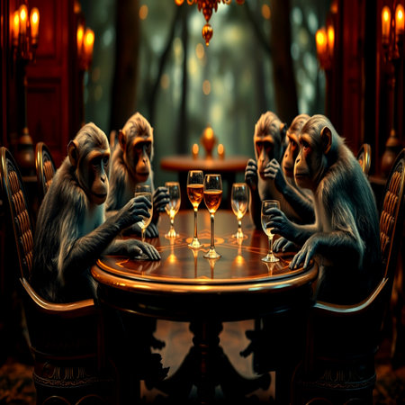 Monkey sitting at a table with two glasses of wine. 3D rendering.の写真素材