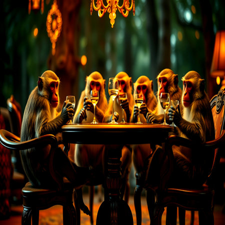 Monkeys sitting at a table in a restaurant. Selective focus.の写真素材