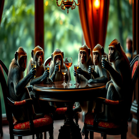 Monkeys drinking wine in a restaurant, 3d rendering. Computer digital drawing.の写真素材