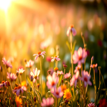 Flower meadow in the morning light. Beautiful nature background.