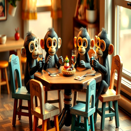 Cute monkeys at a table in a cafe. 3d rendering