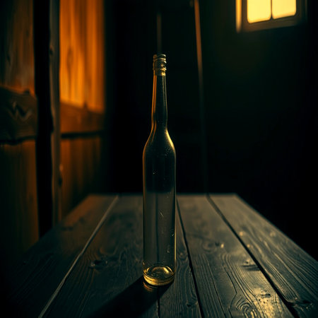 Glass bottle on a wooden table in a dark room. Toned.の写真素材