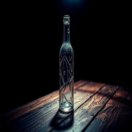 A bottle on a wooden table. Black background. Copy space.の写真素材