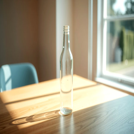 Glass bottle on the table in the morning light. Selective focus.の写真素材