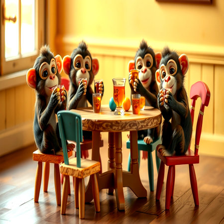 Monkey figurine with a glass of juice on a wooden tableの写真素材