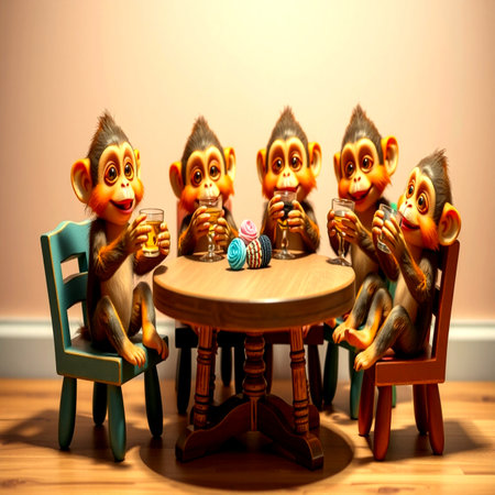 Monkey figurines sitting on the table and drinking tea or coffeeの写真素材