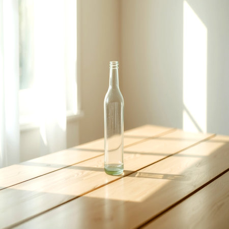 Glass bottle on wooden table in sunlight. Minimal styleの写真素材