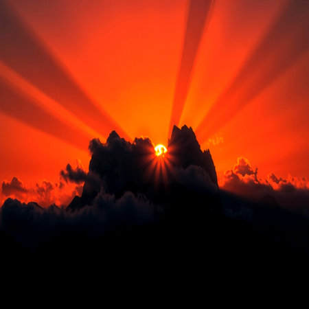 Sunset at the peak of the mountain with clouds and sun rays