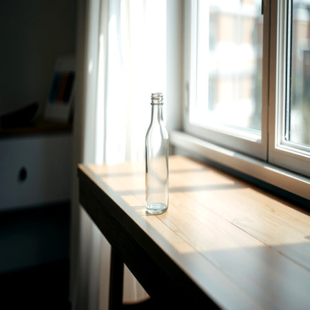 Glass bottle on a wooden table at home. Selective focus.の写真素材