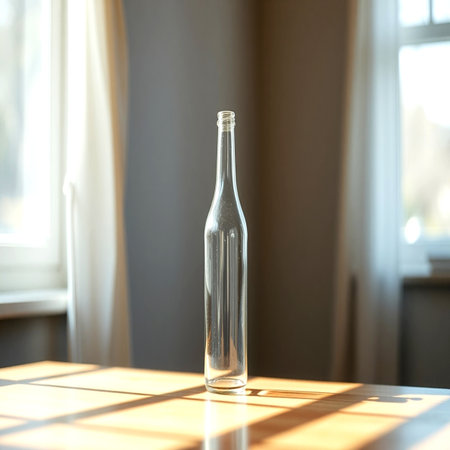 Empty glass bottle on the table in the living room. Selective focus.の写真素材