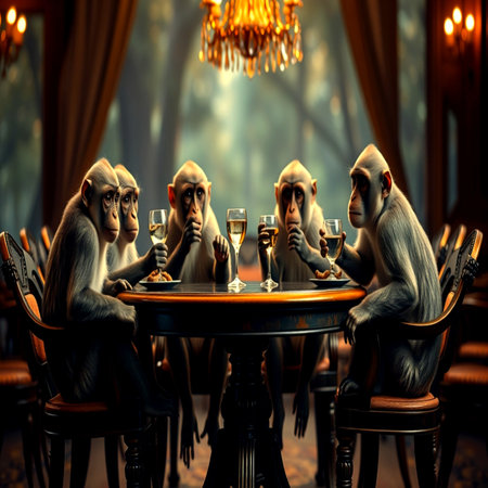 Monkeys drinking wine in a restaurant. 3D illustration. Vintage style.の写真素材