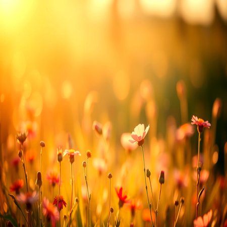 Beautiful meadow with flowers in the morning. Nature background.の写真素材