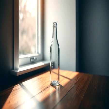 Empty glass bottle on wooden table in front of window with sunlight.の写真素材