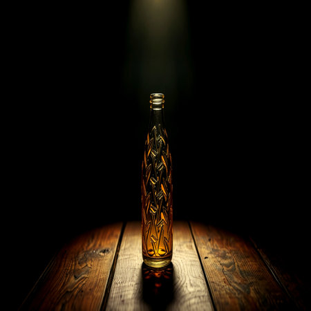 bottle of brandy on a wooden table on a dark backgroundの写真素材