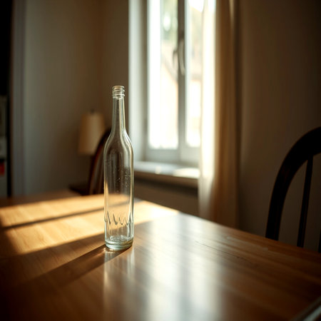Glass bottle on a wooden table in the living room.の写真素材