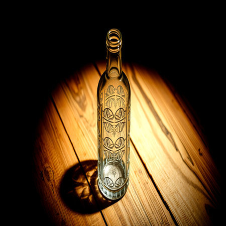 Empty glass bottle on a wooden table with a shadow in the darkの写真素材