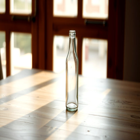 Empty glass bottle on wooden table in cafe. Shallow depth of fieldの写真素材