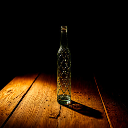 Empty bottle on a wooden table. Dark background. Selective focus.の写真素材