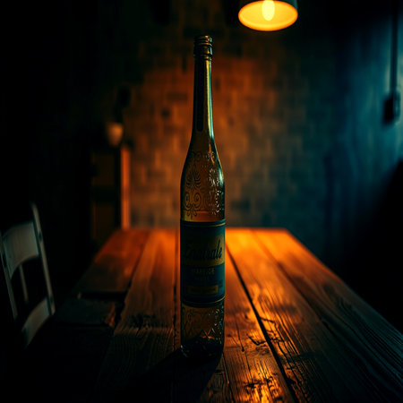 Bottle of alcohol on a wooden table in a pub. Selective focus.の写真素材