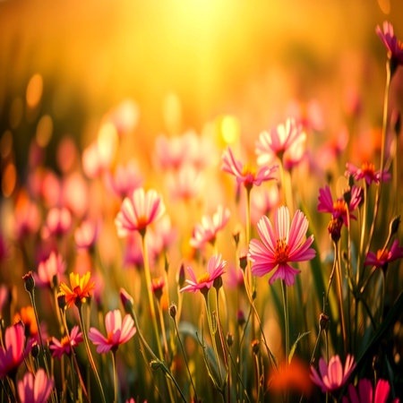 Cosmos flowers blooming in the field with sunlight. Nature background