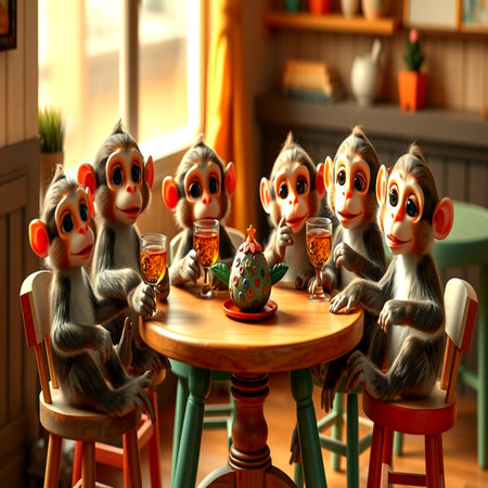 Monkeys sitting at the table and drinking tea, close-upの写真素材