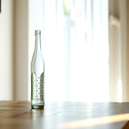 Empty glass bottle on the table in the living room, stock photoの写真素材