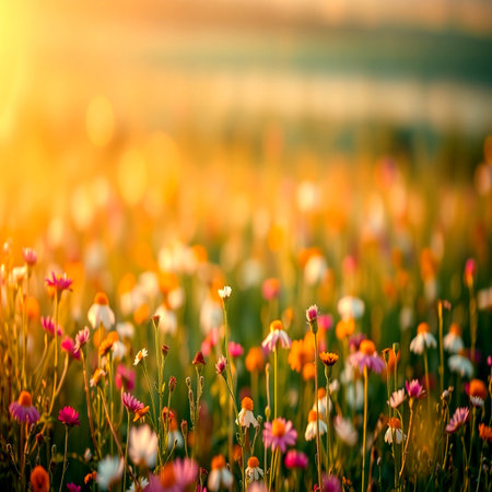 Field of daisies in the morning light. Soft focus.