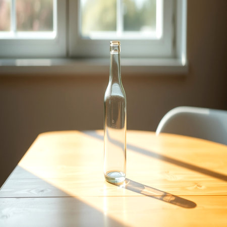Glass bottle on the table in the morning light. Selective focus.の写真素材
