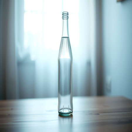 Empty glass bottle on wooden table in kitchen, shallow depth of fieldの写真素材