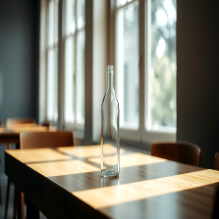Empty glass bottle on wooden table in cafe. Space for text.の写真素材