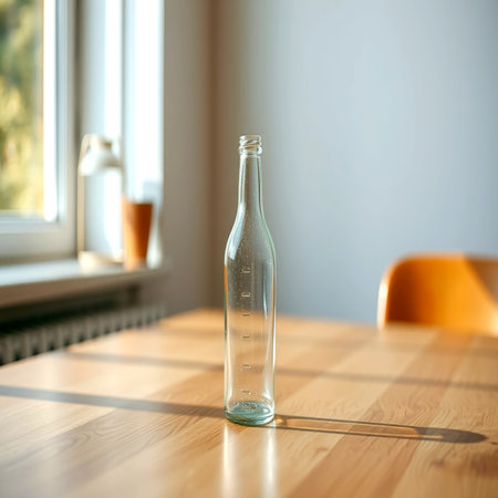 Glass bottle on wooden table near window. Space for textの写真素材