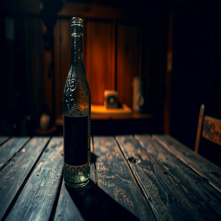 Vintage bottle on a wooden table in the dark.の写真素材
