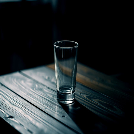 Glass of water on a wooden table. Black and white photo.の写真素材