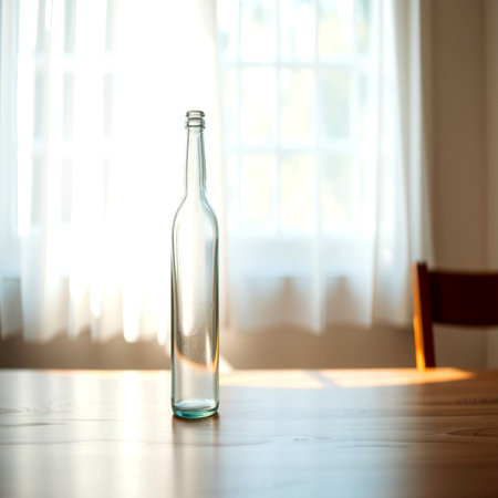 Empty glass bottle on white wooden table near window in morning sunlight.の写真素材