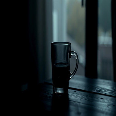 A glass on a wooden table in a dark room.の写真素材