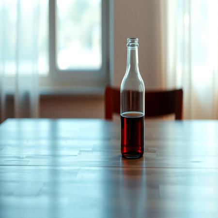 Glass bottle of red wine on a table in a restaurant or hotelの写真素材
