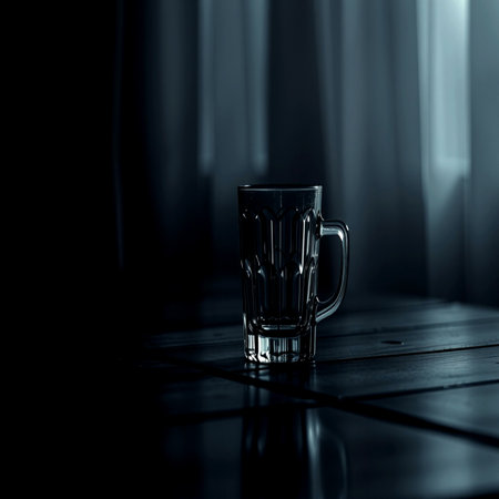 An empty glass on the table in a dark room. Toned.の写真素材