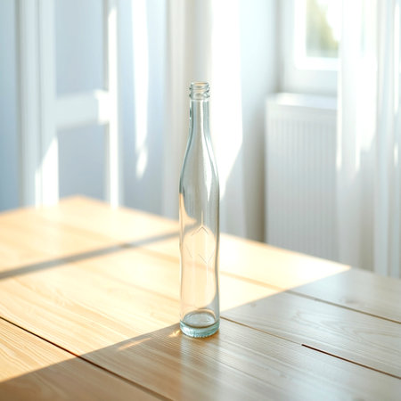 Empty glass bottle on wooden table in sunlight. Mock up for designの写真素材